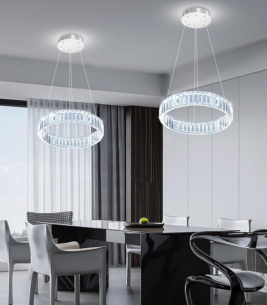 8'' Modern Ring Chandelier Crystal Chandeliers for Dining Room Round LED Dimmable Ceiling Light Fixture for Living Room Bedroom Lighting Silver