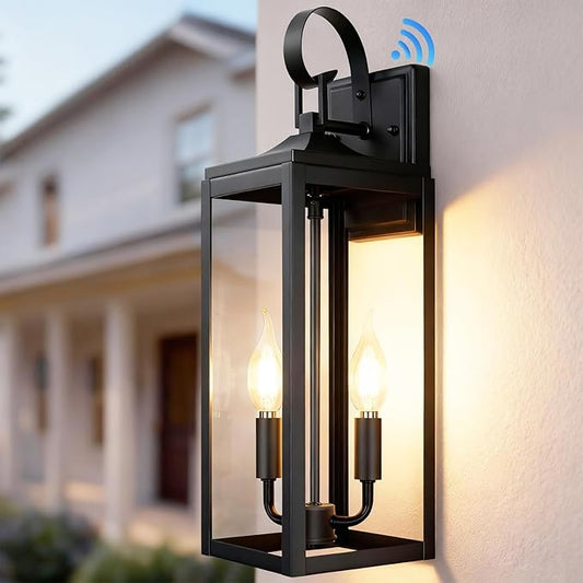 OKELI 17.6" Dusk to Dawn Outdoor Lighting, Large Exterior Porch Lighting 2-Light Farmhouse Outside Lantern Lights with Clear Glass Waterproof Wall Sconces Lamp for House Garage, Black