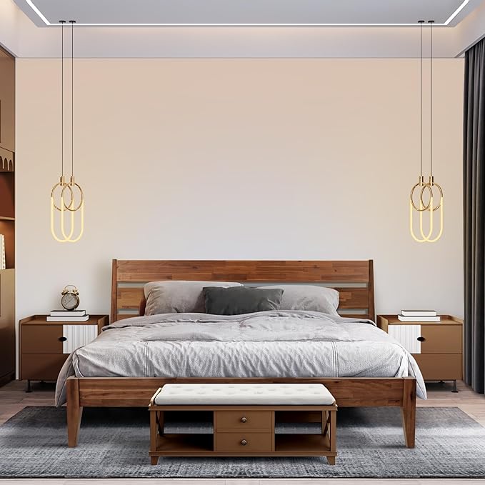 Acacia Emery Bed Frame with Headboard Solid Wood Platform Bed, King Size Bed Frame, Mid - Century Modern Wood Bed Compatible with All Mattresses, Easy Assembly, Non-Slip (Walnut, Queen)