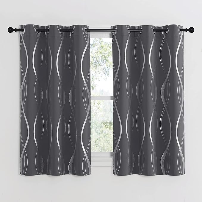 NICETOWN Bedroom Small Blackout Curtain Panels, Set of 2, 42 by 54 Inch,Grey, Window Treatment Thermal Insulated Solid Grommet Blackout Wave Line Foil Print Design Curtains for Kitchen, Cafe, Loft