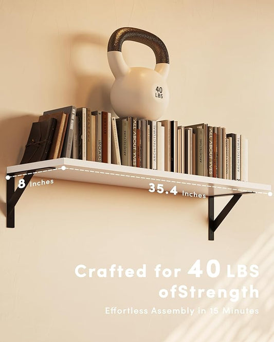White Wall Shelves, 36 Inches Floating Book Shelves, Long Wall Shelf, Hanging Book Shelves, Long Large Deep Floating Shelf for Kitchen Bedroom