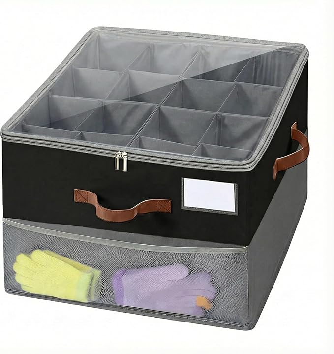 Shoe Organizer for Closet, Foldable Shoe Rack with Clear Cover, Adjustable Dividers for 16 Pairs, Storage Cubby for Wardrobe, Grey & Black