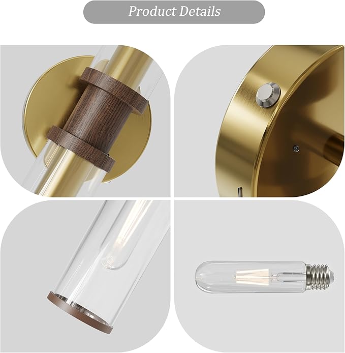 Battery Operated Wall Sconce Set of 2, Gold & Walnut Rechargeable Wall Sconces, Modern Cordless Wall Lights with Remote Control, Dimmable for Living Room, Bedroom, Bathroom, Hallway, Entryway 3000K