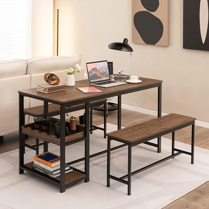 Giantex Dining Table Set for 4, 3-Piece 55" L Kitchen Table Set w/ 2 Benches, Breakfast Table w/ 5-Bottle Wine Rack & Glass Holder, Space-Saving Dinette Set for Dining Room, Kitchen, Apartment