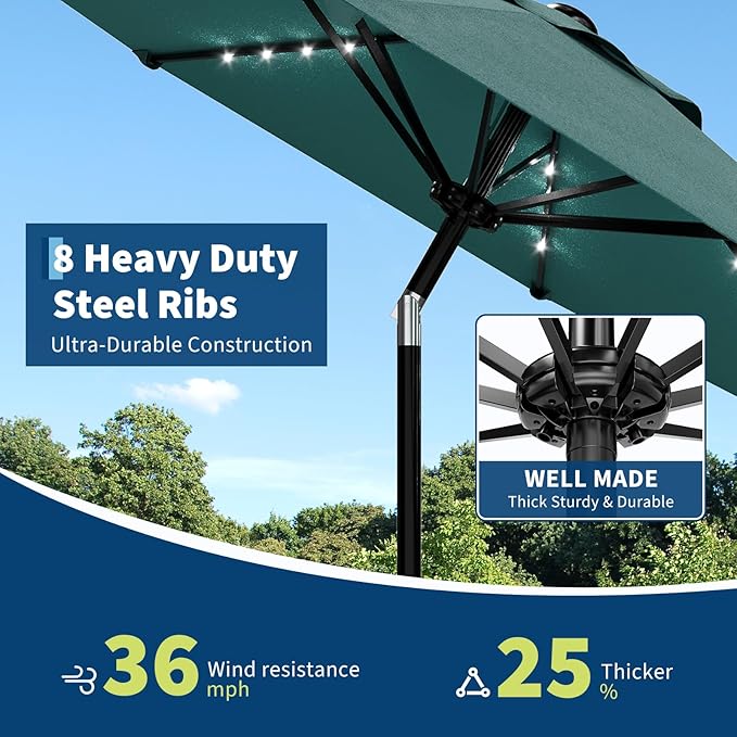 Patio Umbrella with Solar Lights, Outdoor Table Umbrella with 8 Durable Ribs, Tilt & Crank Mechanism, Water & UV Protection Sun Shade Umbrella for Garden, Poolside, Backyard (Turquoise, 9 FT)