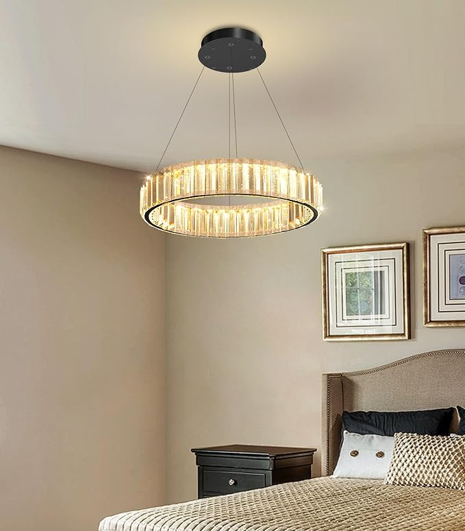 8'' Modern Ring Chandelier Crystal Chandeliers for Dining Room Round LED Dimmable Ceiling Light Fixture for Living Room Bedroom Lighting Black