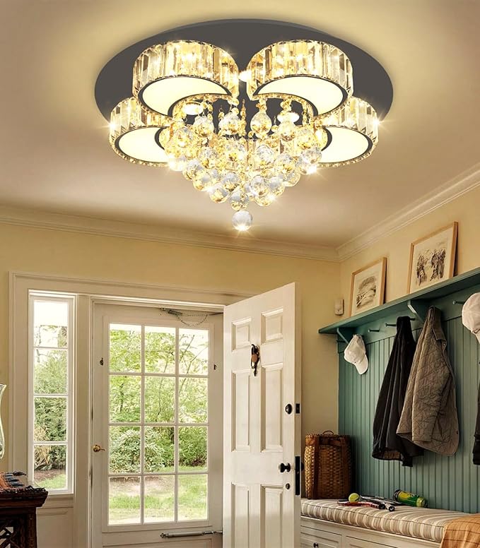 23.6'' Black Modern Crystal Chandeliers for Dining Room LED Dimmable Light Fixtures Flush Mount Light Living Room Bedrooms