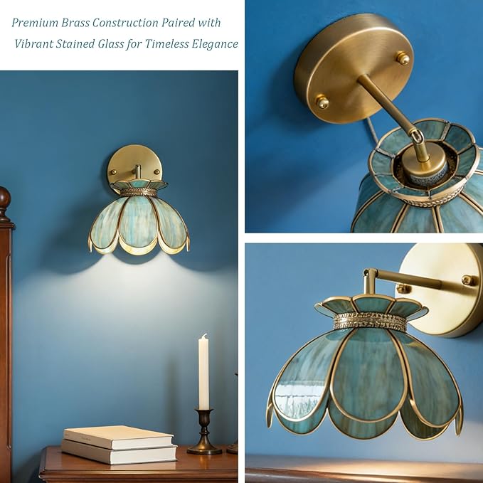 Vintage Brass Ceiling Pendant Light with Stained Lotus Flower Blue Glass Shade,Oriental Hanging Lamp or Wall Sconces Dual-Purpose, for Kitchen Island Dining Room Bedroom Living Room-7.9" Shade