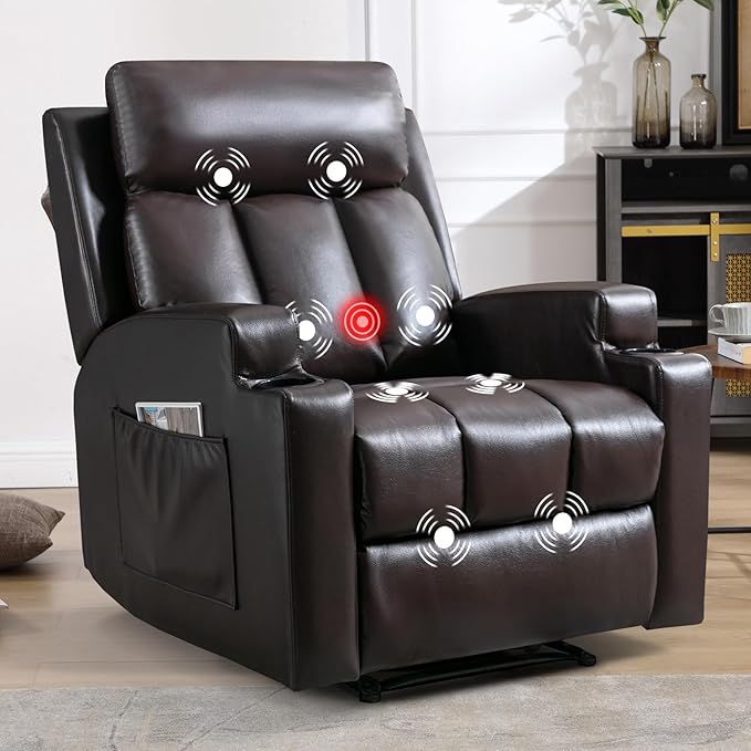 CANMOV Manual Massage Heat Recliner Chair Set of 3,Breathable Leather Recliner Chair with Armrest and Backrest, Manual Reclining Single Sofa with 2 Cup Holders, Side Pocket for Living Room,Dark Brown