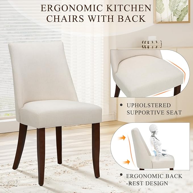 Upholstered Dining Chairs Set of 6, Mid Century Modern Kitchen Chairs with Back, Farmhouse Fabric Side Dining Room Chairs with Wood Legs for Dining Room Restaurant, Beige
