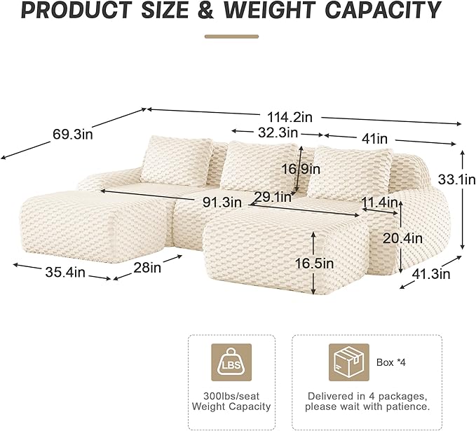 KEIKI 114" Oversized 3-Seater Boneless Couches for Living Room, Space Friendly Modular Sectional Velvet Sofa U-Shaped, Deep Seat Soft Lounge Couch No Assembly, Modern Comfort Design, Cream