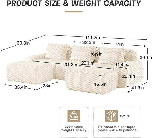 KEIKI 114" Oversized 3-Seater Boneless Couches for Living Room, Space Friendly Modular Sectional Velvet Sofa U-Shaped, Deep Seat Soft Lounge Couch No Assembly, Modern Comfort Design, Cream