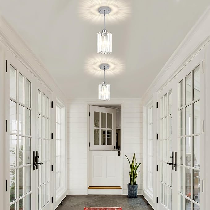 Chrome Pendant Lights, Modern Crystal Pendant Lighting for Kitchen Island, Mini Kitchen Chandeliers Hanging Pendant Lights for Bedroom Dining Room Hallway