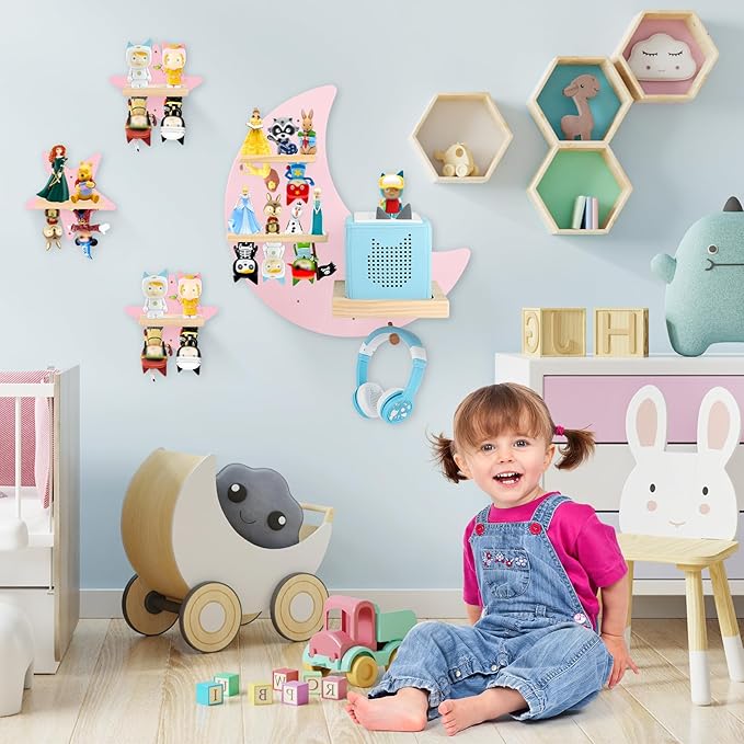 Moon + Stars for Toniebox 1/2 Tonies Figures Organizer Storage Shelf Wall Mounted, Magnetic Floating Shelves for Toniebox Player, Characters, Earphones, Display Collection 20~30 Characters (Pink)