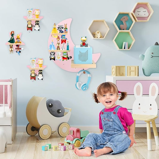 Moon + Stars for Toniebox 1/2 Tonies Figures Organizer Storage Shelf Wall Mounted, Magnetic Floating Shelves for Toniebox Player, Characters, Earphones, Display Collection 20~30 Characters (Pink)