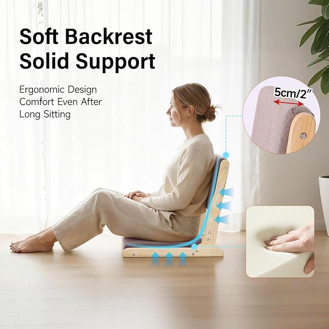 Tiita 2Pcs Floor Games Chair, Foldable Meditation Tatami Chairs, Backrest Chair with Cushion, Living Room Chair Seat, Wood Grey