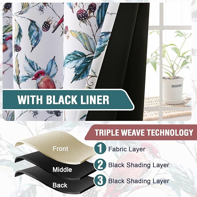 H.VERSAILTEX 100% Blackout Curtains 84 inch Length 2 Panels Set Printed Drapes Thermal Insulated Curtains for Bedroom with Black Liner Sound Proof Curtains, Wild Berry and Bird