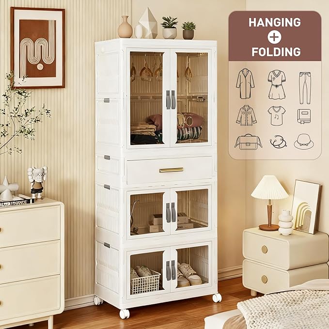 SAYMA Pet Portable Wardrobe Closet with Doors, Pet Wardrobe Storage Cabinet with Hanging Rod Storage Organizer Large Plastic Storage Cabinet for Pet Clothes, Toys, Snacks(3 Layer+Drawer)