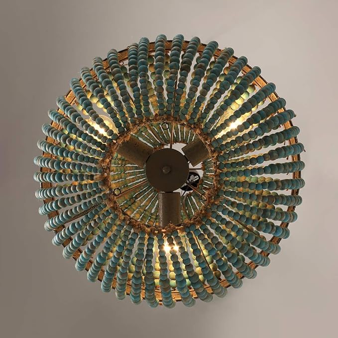 Newrays Wood Bead Chandelier Pendant Gray Blue Finishing Bohemian Boho Beachy Ceiling Lamp Light Fixtures (19.88 in*21.65 in)