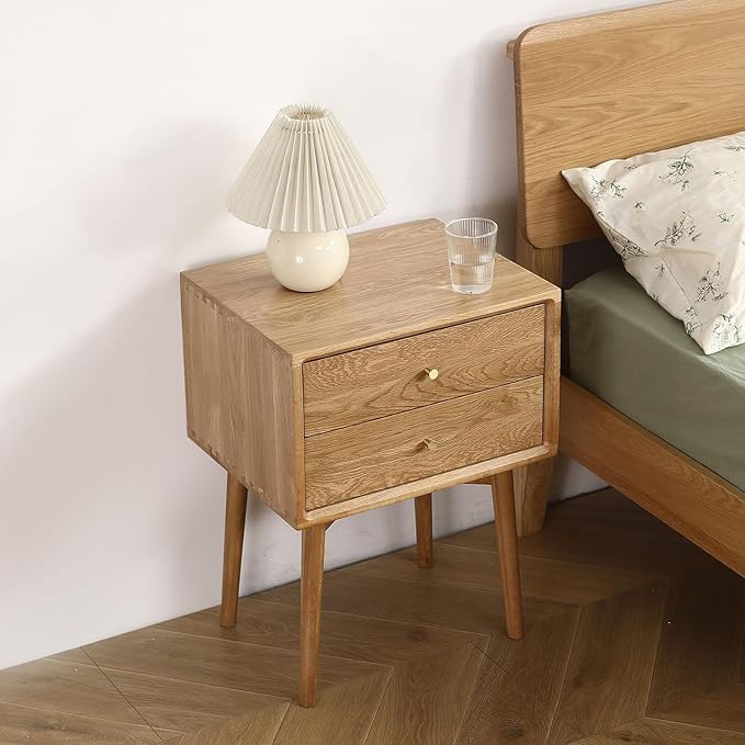 Mid Century Modern Nightstands, Oak Bedside Table Solid Wood End Table with Drawers Real Wooden Cabinet Organizer for Bedroom, Natural Color