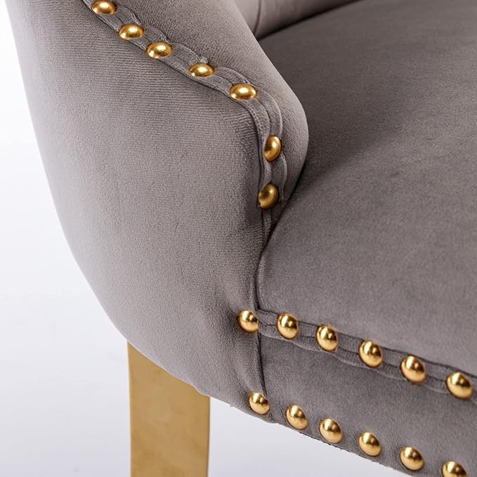 Solid Wood Velvet Upholstered Dining Chair with Golden Stainless Steel Plating Legs,Contemporary Design W/Nailhead Trim,Set of 2,for Living Room,Apartment,Gray and Gold