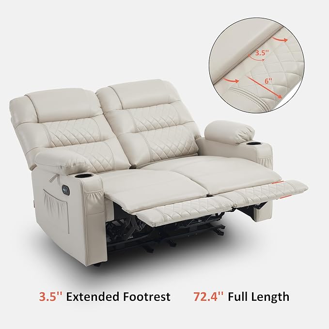 MCombo 56.3" Zero Gravity Power Loveseat Recliner with Heat and Vibration Massage, Reclining Loveseat Sofa with USB Ports, Cup Holders for Living Room, Faux Leather PR622Sets (Light Grey)