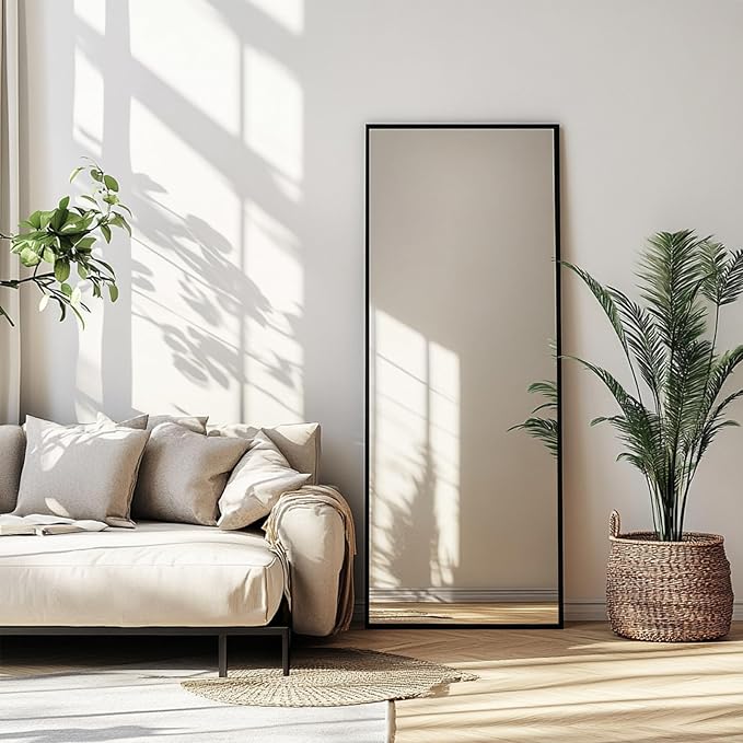 Floor Length Mirror, Wall Mirror Full Length with Aluminum Metal Frame, Floor Mirrors for Nursery, Baby Room, Bathroom, Entryway. (48x16 inch, Black)