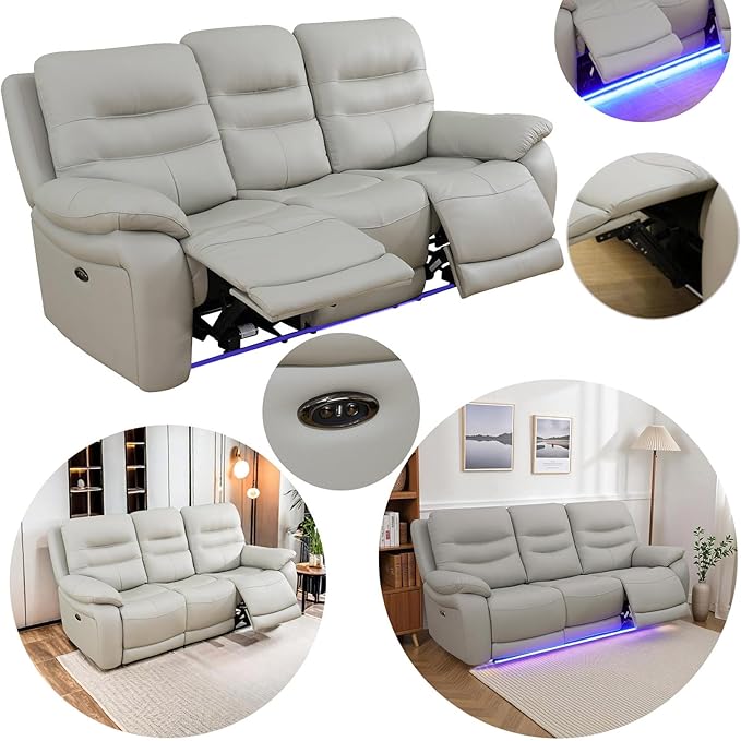 Power Reclining Sofa Set, Genuine Leather Recliner Sofa Set,Living Room Furniture Setwith USB Charging and LED Lights,for Living Room/Apartment/Office/Home Theather,Light Grey,2C+S