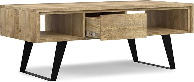 SIMPLIHOME Lowry Solid Mango Wood and Metal 48 inch Wide Rectangle Modern Industrial Coffee Table in Natural for the Living Room and Family Room