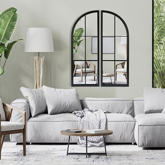 Black Arched Mirror Set of 2,Window Pane Mirror for Wall Decor,Farmhouse Wall Mounted Mirrors for Entryway,Hallway,Living Room,Fireplace.2-Pack 38"X13.4"