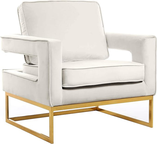 Meridian Furniture Noah Collection Modern | Contemporary Velvet Upholstered Accent Chair with Durable Iron, 33" W x 29" D x 35" H, Cream, Gold Base