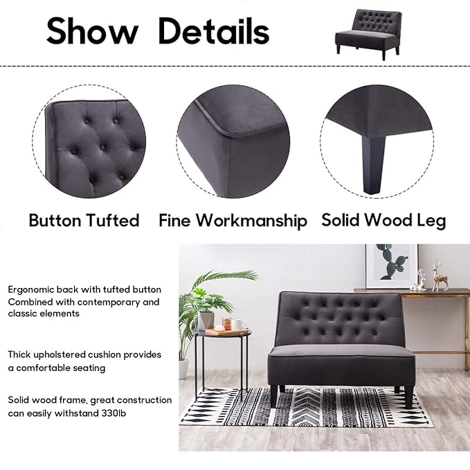 Alunaune Upholstered Loveseat Couch for Living Room, Armless Bedroom Settee Small Love Seat Sofa Tufted Button Dining Room Bench - Dark Grey