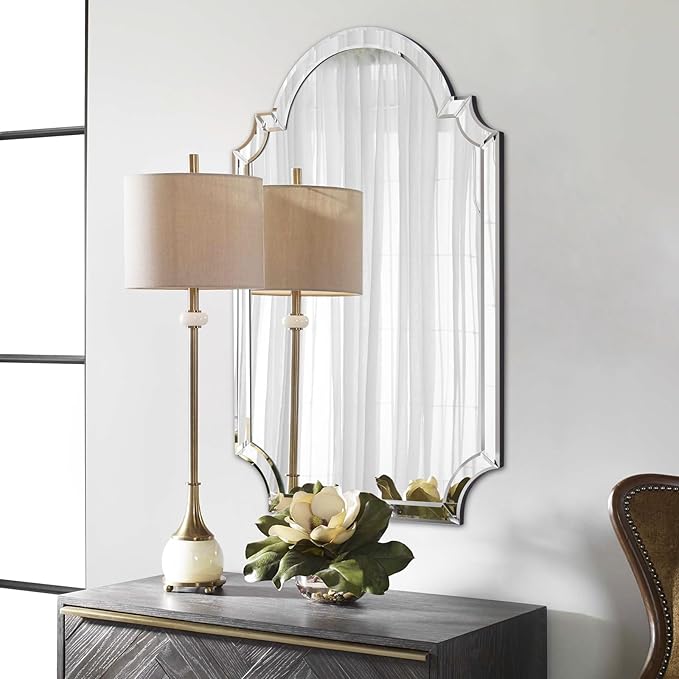 Chende 26" x 38" Arched Decorative Wall Mirror, Living Room Mirror for Decor with Glass Beveled Edge, Modern Bathroom Mirror Above Sink