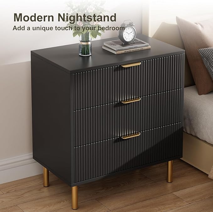 IDEALHOUSE Black Dresser, Modern 3 Drawer Dresser for Bedroom with Gold Handle and Large Drawer, Wood Double Chest of Drawers and Storage Organizer for Living Room, Hallway, Entryway