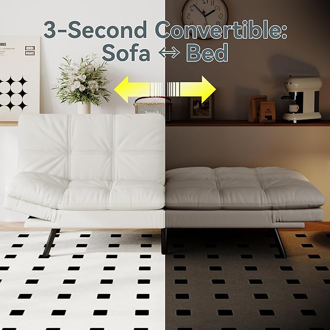 Futon Sofa Bed Convertible Couch, White Faux Leather Sofa Bed with Memory Foam, Adjustable Backrest & Armrests, Multifunctional Small Loveseat Sleeper Sofa for Living Room, Apartment, Office
