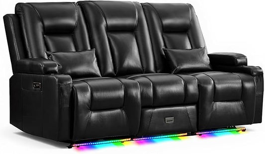 URRED Power Loveseat Recliner Sofa with Console, Wall Hugger Reclining Loveseat RV Couch with LED Light, 150° Zero Gravity Recliners Modular Couches for Living Room (Glossy Black, 77.3'' - 3 Seats)