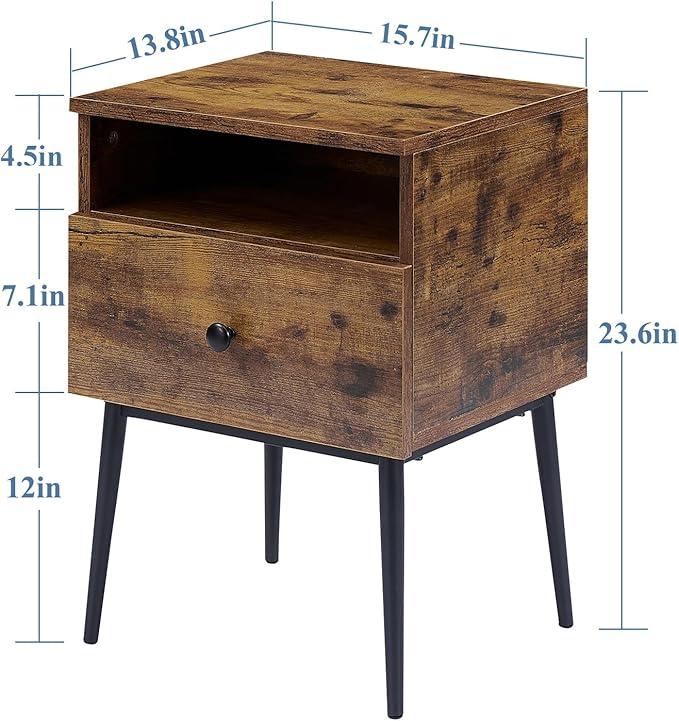 VECELO Night Stand for Bedroom Set of 2,Modern Solid Wood Nightstand with Storage Shelf and Drawer, Bedside Table End Table for Living Room,Bedroom,Entryway,Easy Assembly,Vintage Brown