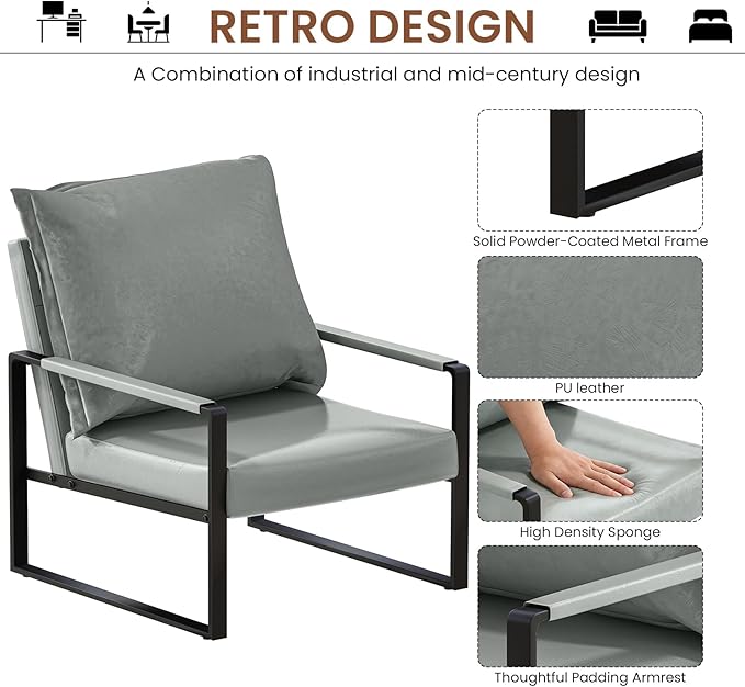 AWQM Modern PU Leather Accent Chair Arm Chair with Extra-Thick Padded Backrest and Seat Cushion Sofa Chairs for Living Room Bedroom, 105 Degree Slant Back, Non-Slip Adsorption Feet-Grey（Set of 1）