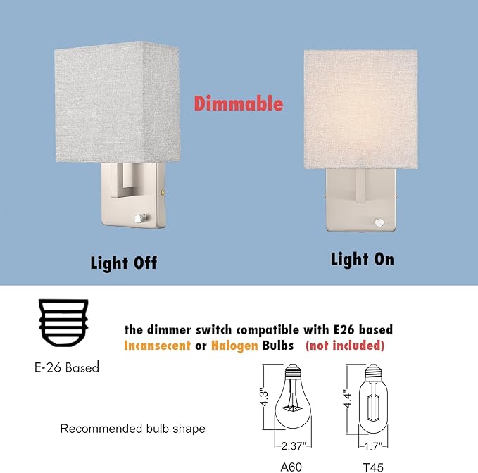 YUBOLE Modern Wall Sconces Brushed Nickel-Plug in(Received Version) and Hardwired Design Wall Light with Dimmable Switch for Bedroom Bathroom Set of 2