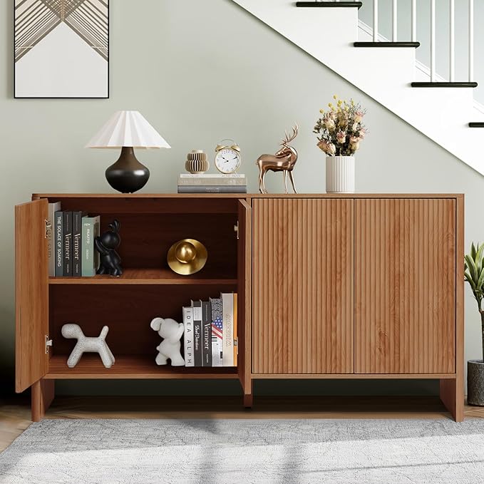 Modern Accent Buffet Cabinet with Adjustable Shelves, Storage Cabinet with 4 Doors, Modern Sideboard Buffet Cabinet, Freestanding Sideboard with Fluted Doors for Kitchen and Living Room (Walnut)