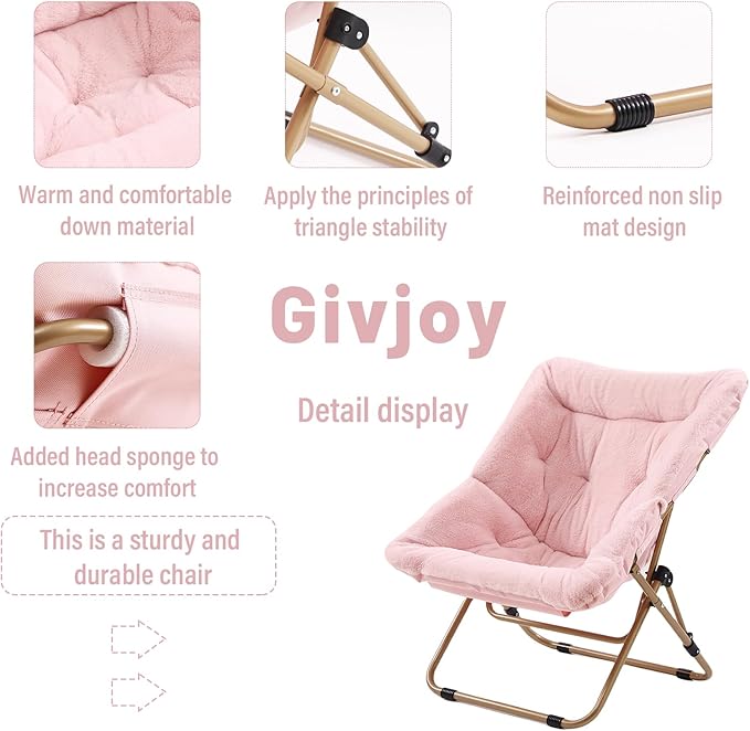 Comfy Folded Chair, Soft Faux Fur Oversized Folding Chair, Flexible Lazy Chair for Kids Girls Teens Adults, Metal Frame Moon Chair for Dorm Rooms, Bedroom, Living Room