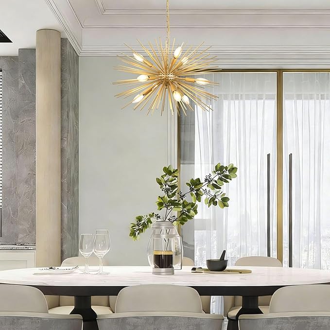 24" Modern Golden Sputnik Chandelier 9-Lights Mid-Century Modern Luxury Starburst Chandelier Gold Solid Metal Satellite Sputnik Chandeliers for Dining Room, Kitchen, Bedroom, Living Room
