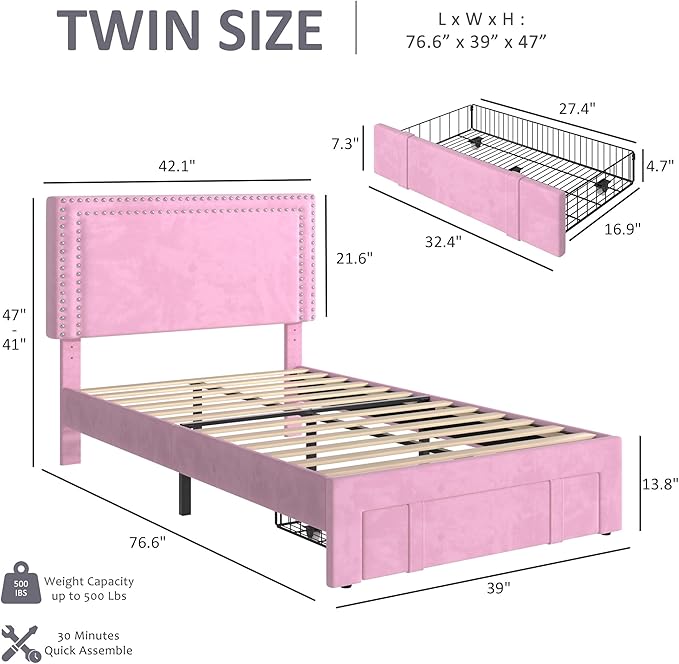 VECELO Twin Size Bed Frame with Storage Drawer, Adjustable Velvet Rivet Decor Headboard, Wooden Slats Support Platform, No Box Spring Needed, Easy Assembly