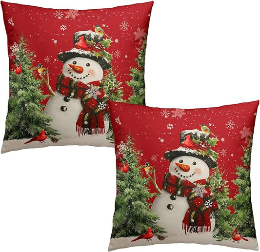 Red Winter Pillow Covers 22x22 Set of 2 Christmas Snowman Throw Pillow Covers Xmas Pine Tree Bird Snowflake Cushion Cases Farmhouse Square Pillowcase for Bed Couch Sofa Living Room