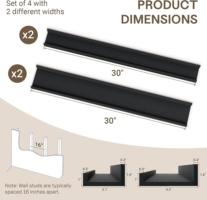 Fun Memories Picture Ledge Shelf - 30 Inches Floating Shelves Set of 4 - Floating Shelves with Lip for Storage - Wood Bookshelf Wall Mounted for Bedroom - Living Room - Kitchen - Black Color