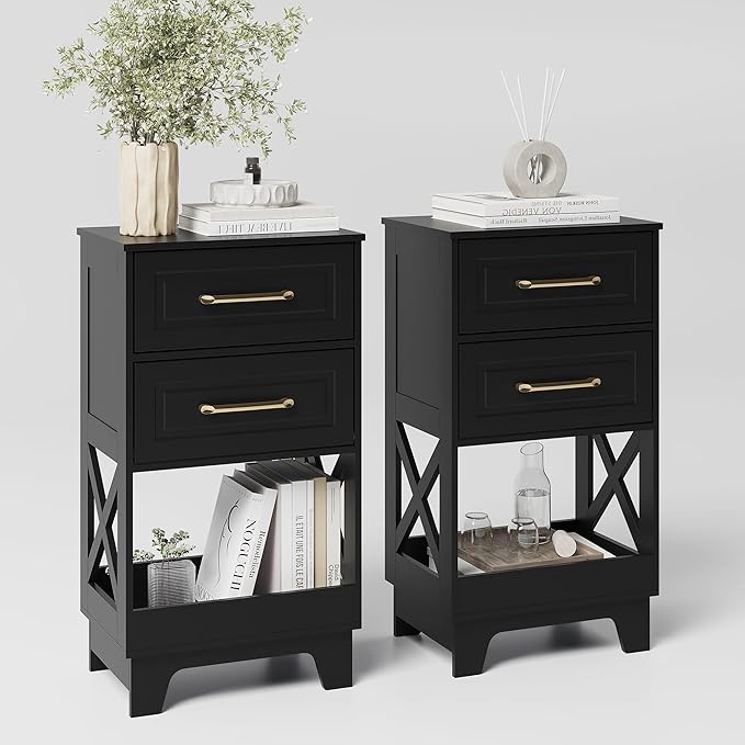 Tall Nightstand Set of 2 Side Table with 2 Drawers Modern Night Stand Wooden End Table Bedside Table with Below Open Shelf Solid Feet for Bedroom Black