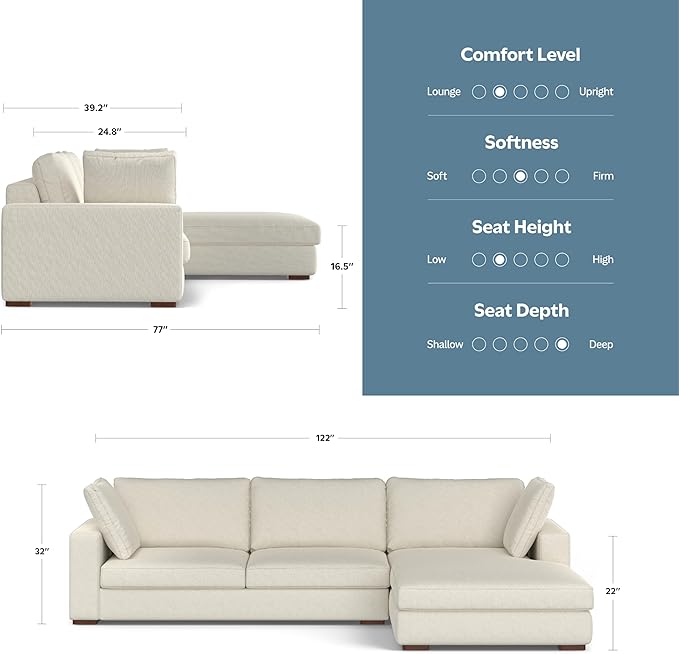 SIMPLIHOME Charlie Right-Facing Sectional Sofa in 100% Recycled Polyester Tightly Woven Performance Fabric, Cream, 122-inches Wide, Handcrafted Contemporary Style L-Shaped Couch with Chaise