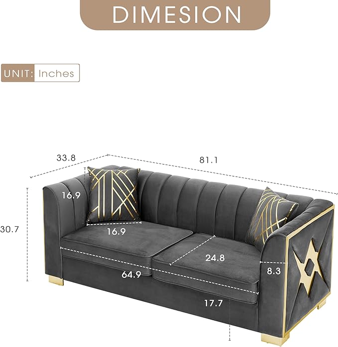KEIKI 81" Luxury Oversized Velvet Chesterfield Sofa with 2 Pillow & Gold Stainless Decoration, Mid-Century Style 3-Seater Button Tufted Couch with Square Arms, Easy Assembly, for Living Room, Gray