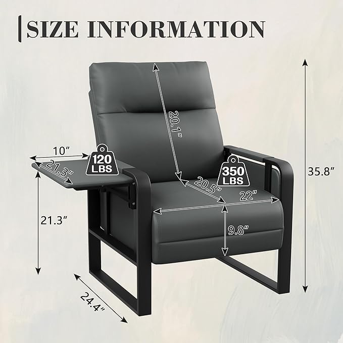 Alunaune Upholstered Living Room Chair Armchair, Mid Century Faux Leather Metal Accent Chair, Reception Couch Slipper Club Lounge Chair Guest Comfy Single Sofa with Sidetable for Bedroom-Dark Grey