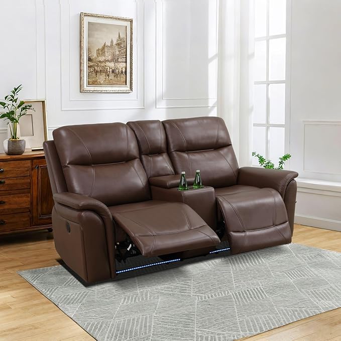 Power Recliner Sofa Set with LED, Breathing Leather Living Room Furniture,3 Piece Reclining Couch Set with USB Ports/Cup Holder/Storage for Home Theater (Brown)